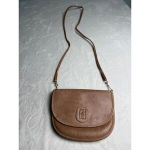 Vintage Tan Leather Crossbody Bag Minimalist Saddle Purse Gold Tone Hardware